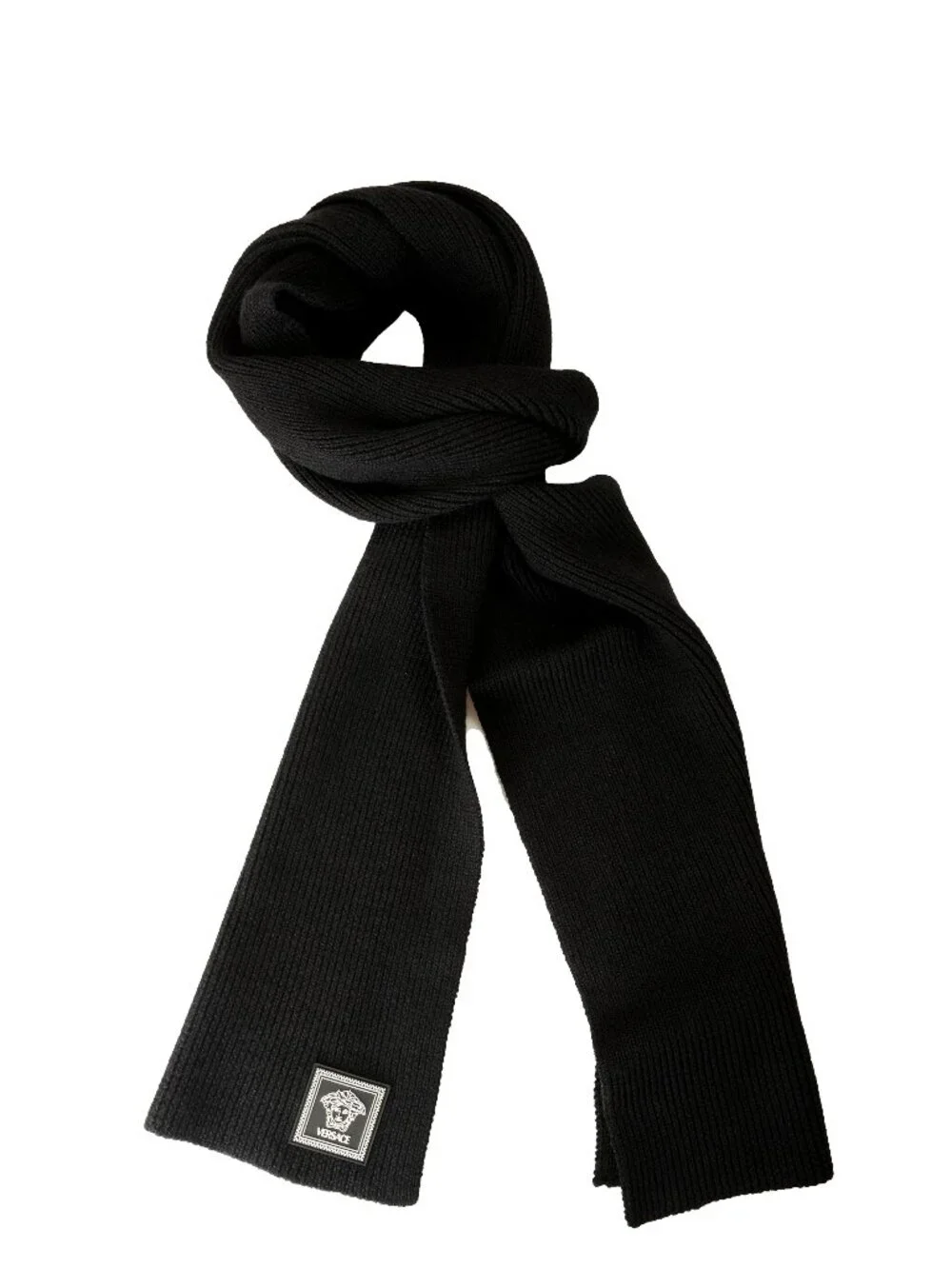 Versace Unisex Black 100% Wool Ribbed Knitted Long Scarf